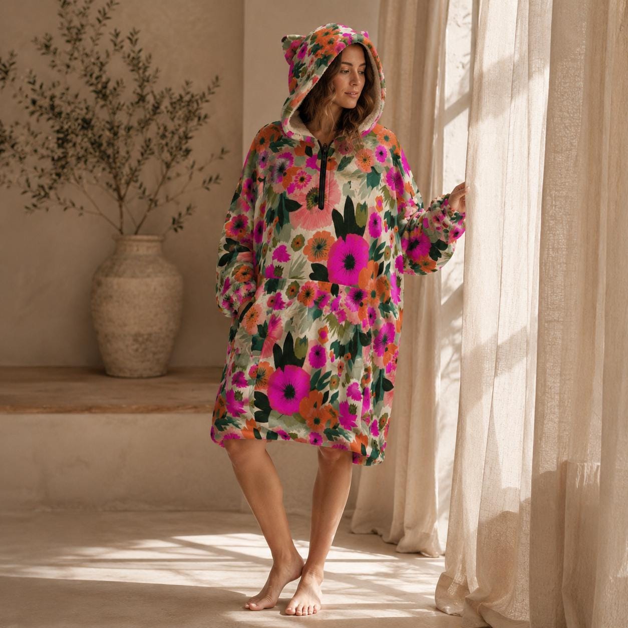 Oversized Floral Blanket Hoodie, Pink Orange Bloom Fleece Lounge Pullover