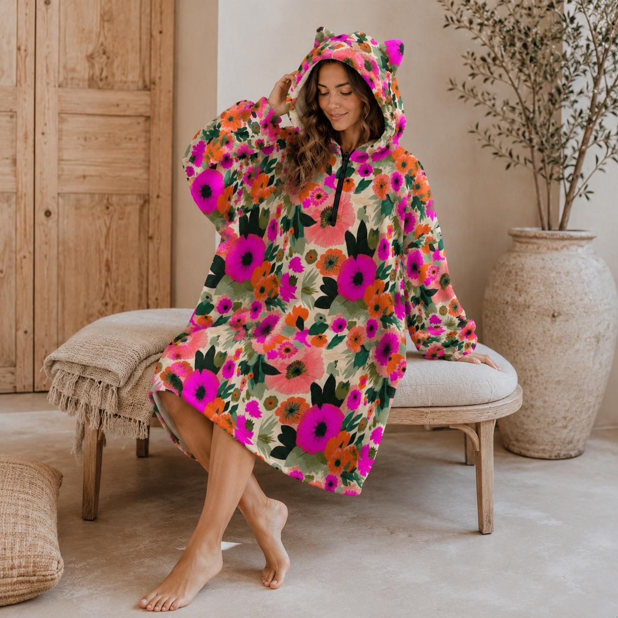 Oversized Floral Blanket Hoodie, Pink Orange Bloom Fleece Lounge Pullover