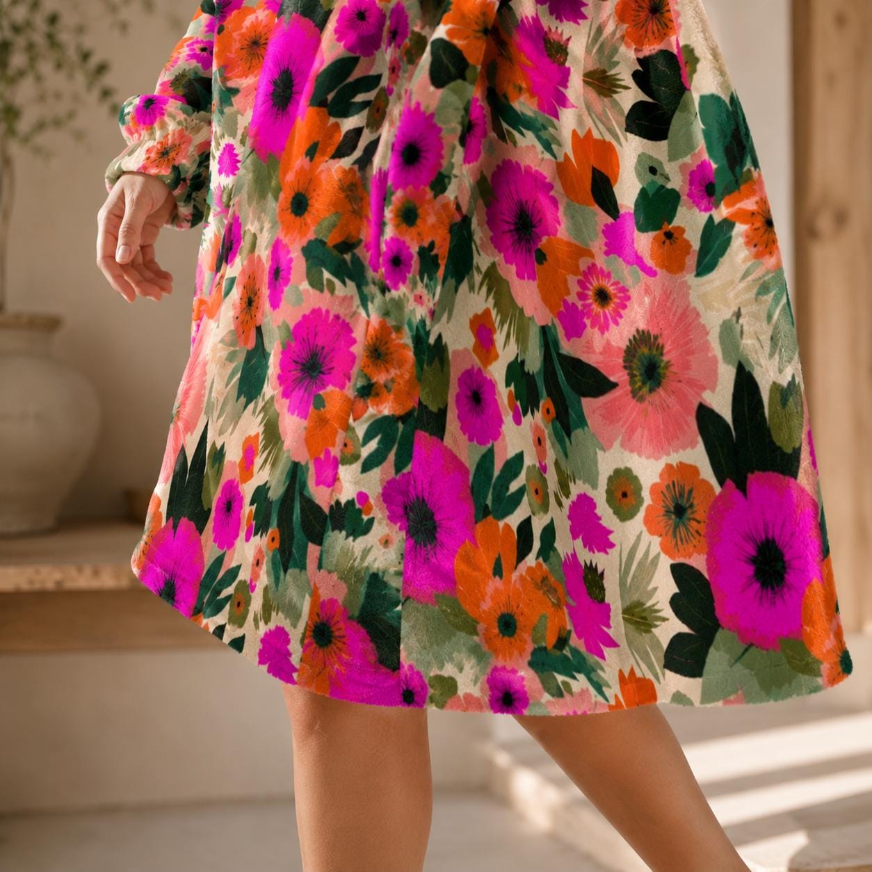 Oversized Floral Blanket Hoodie, Pink Orange Bloom Fleece Lounge Pullover