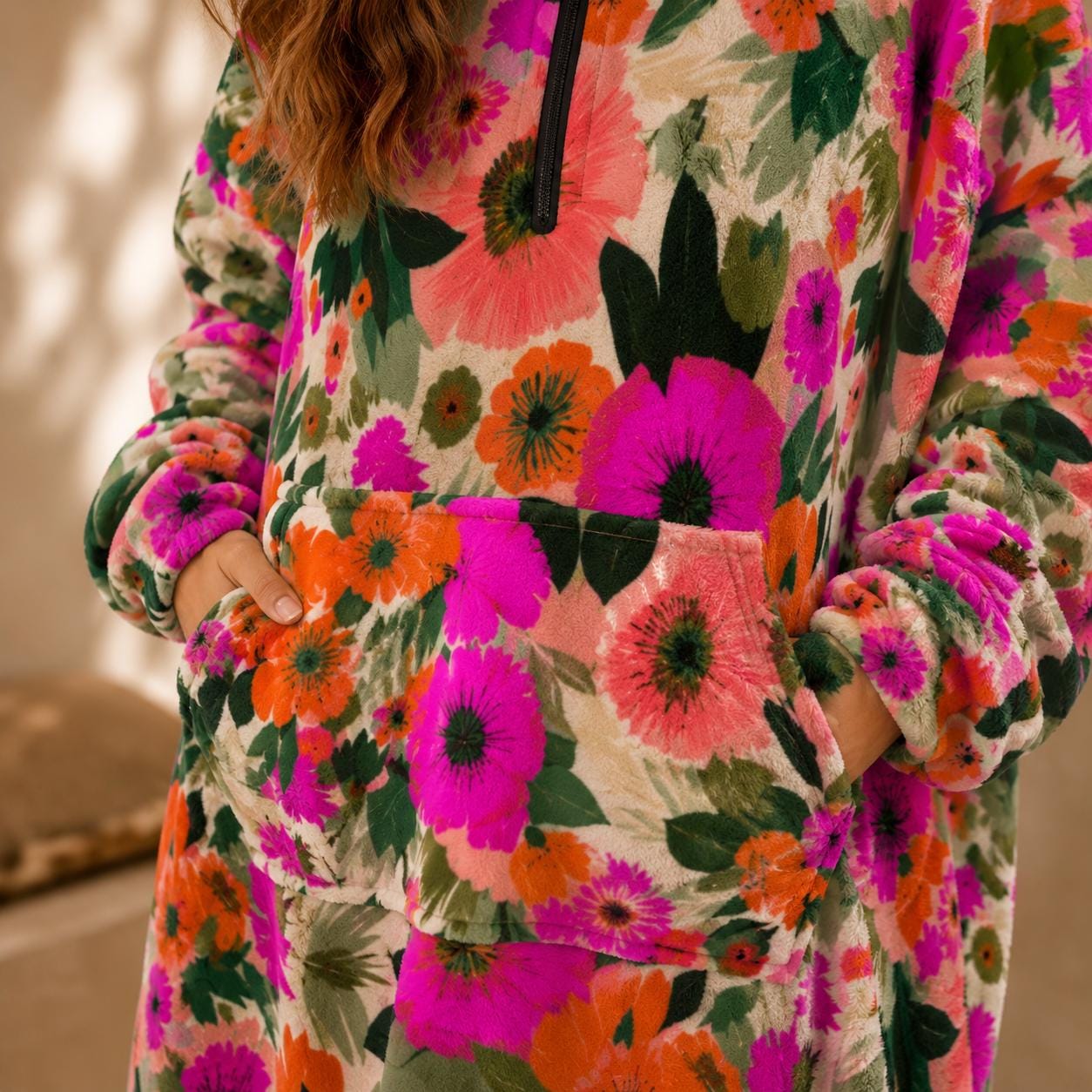 Oversized Floral Blanket Hoodie, Pink Orange Bloom Fleece Lounge Pullover