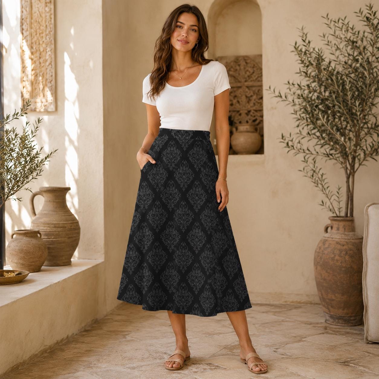Black Floral Midi Skirt, Tonal Damask Print, High Waist A-Line, Pockets