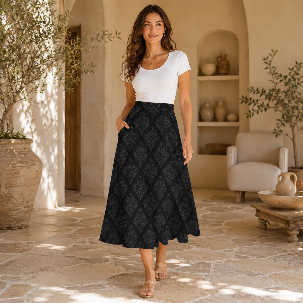 Black Floral Midi Skirt, Tonal Damask Print, High Waist A-Line, Pockets