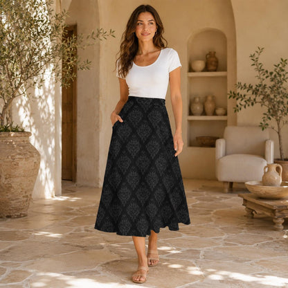 Black Floral Midi Skirt, Tonal Damask Print, High Waist A-Line, Pockets