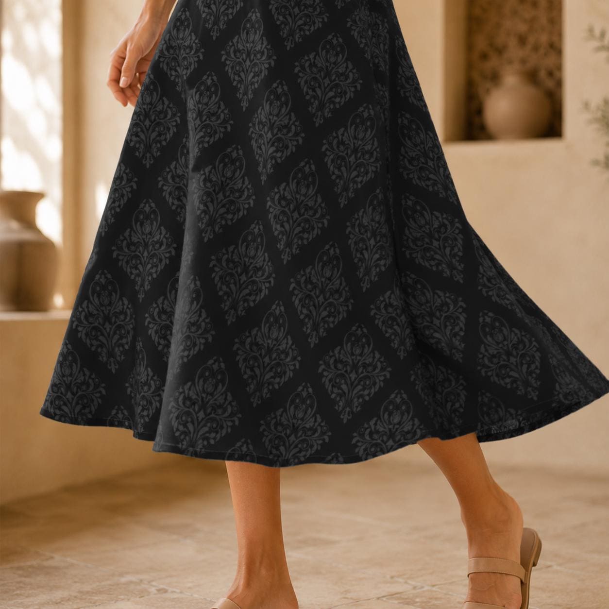 Black Floral Midi Skirt, Tonal Damask Print, High Waist A-Line, Pockets