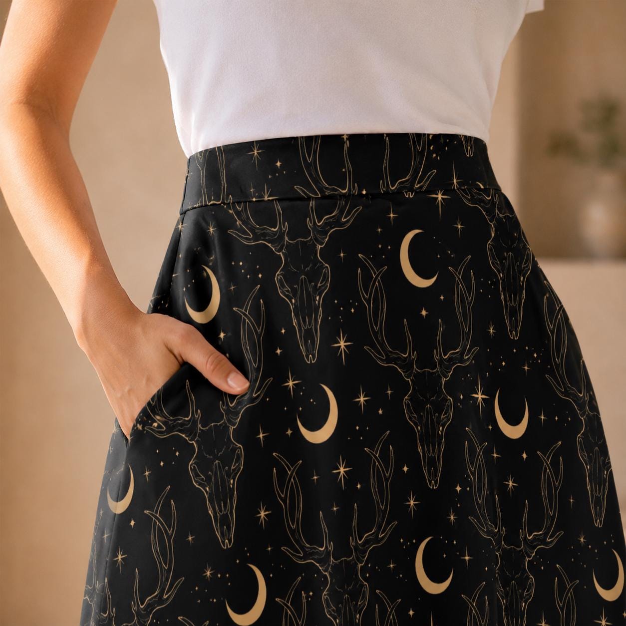 Black Celestial Maxi Skirt, Gold Moon Stars Print, High Waist Flowy Pockets
