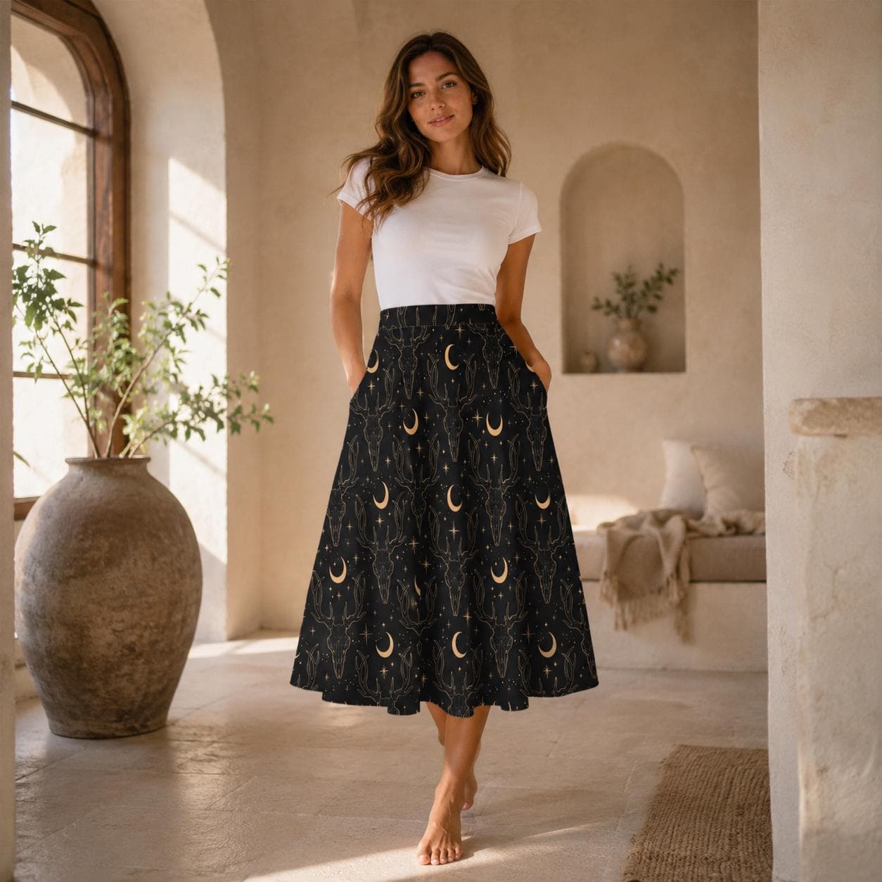 Black Celestial Maxi Skirt, Gold Moon Stars Print, High Waist Flowy Pockets