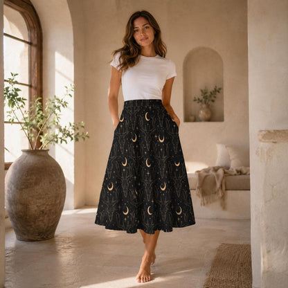 Black Celestial Maxi Skirt, Gold Moon Stars Print, High Waist Flowy Pockets