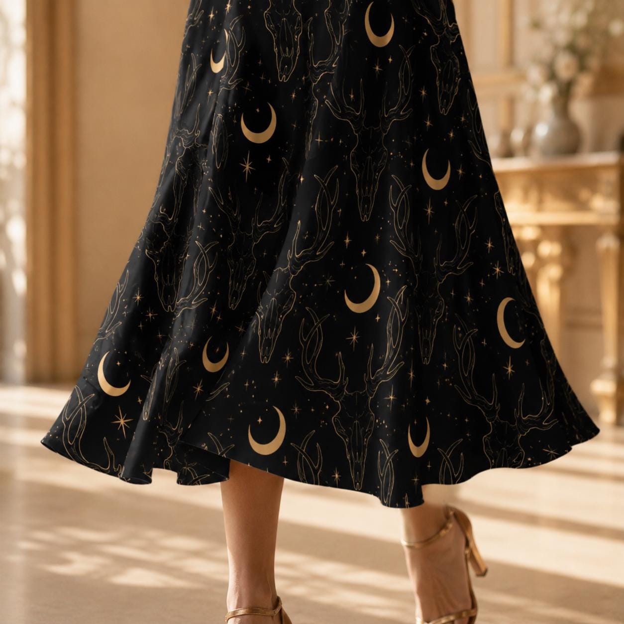 Black Celestial Maxi Skirt, Gold Moon Stars Print, High Waist Flowy Pockets