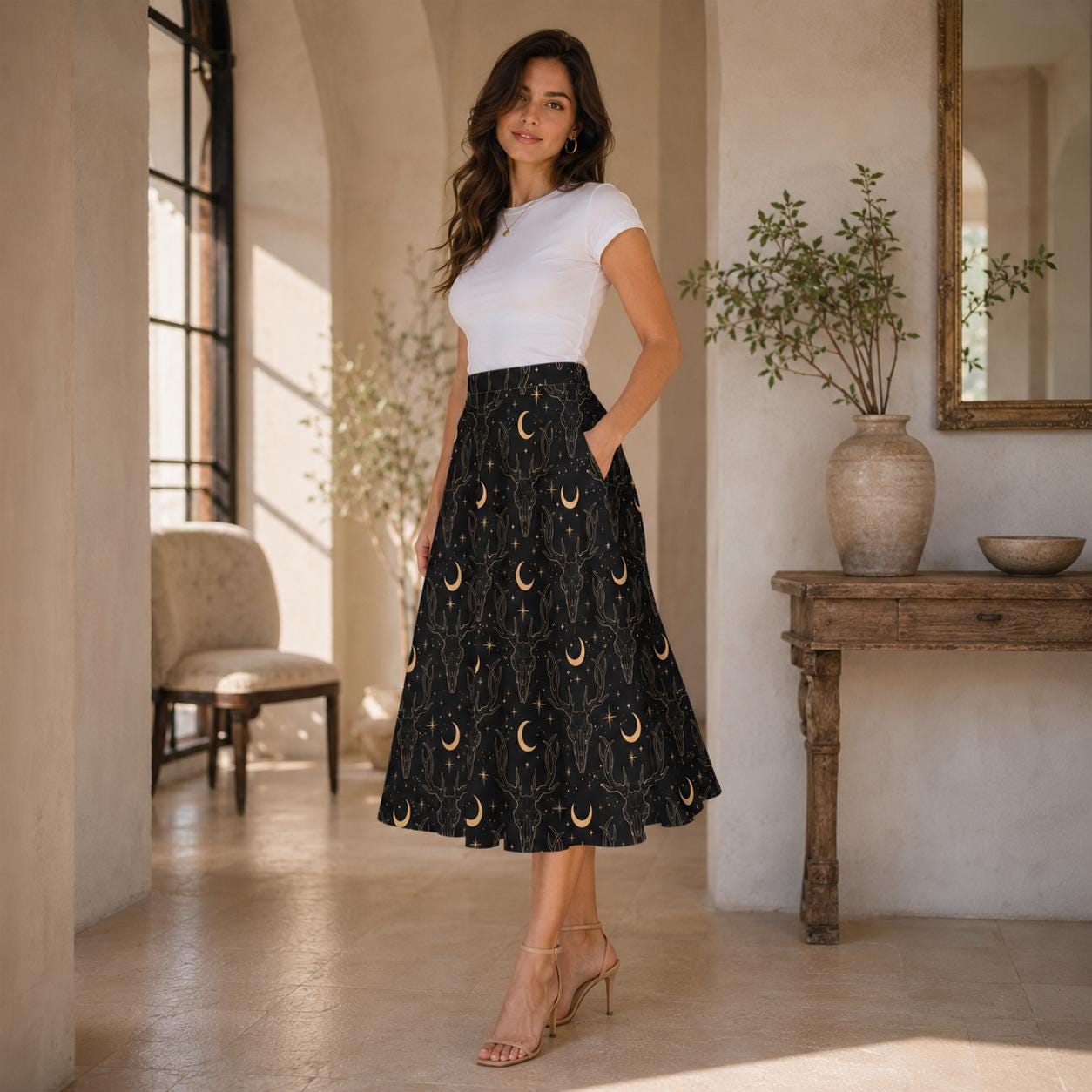 Black Celestial Maxi Skirt, Gold Moon Stars Print, High Waist Flowy Pockets