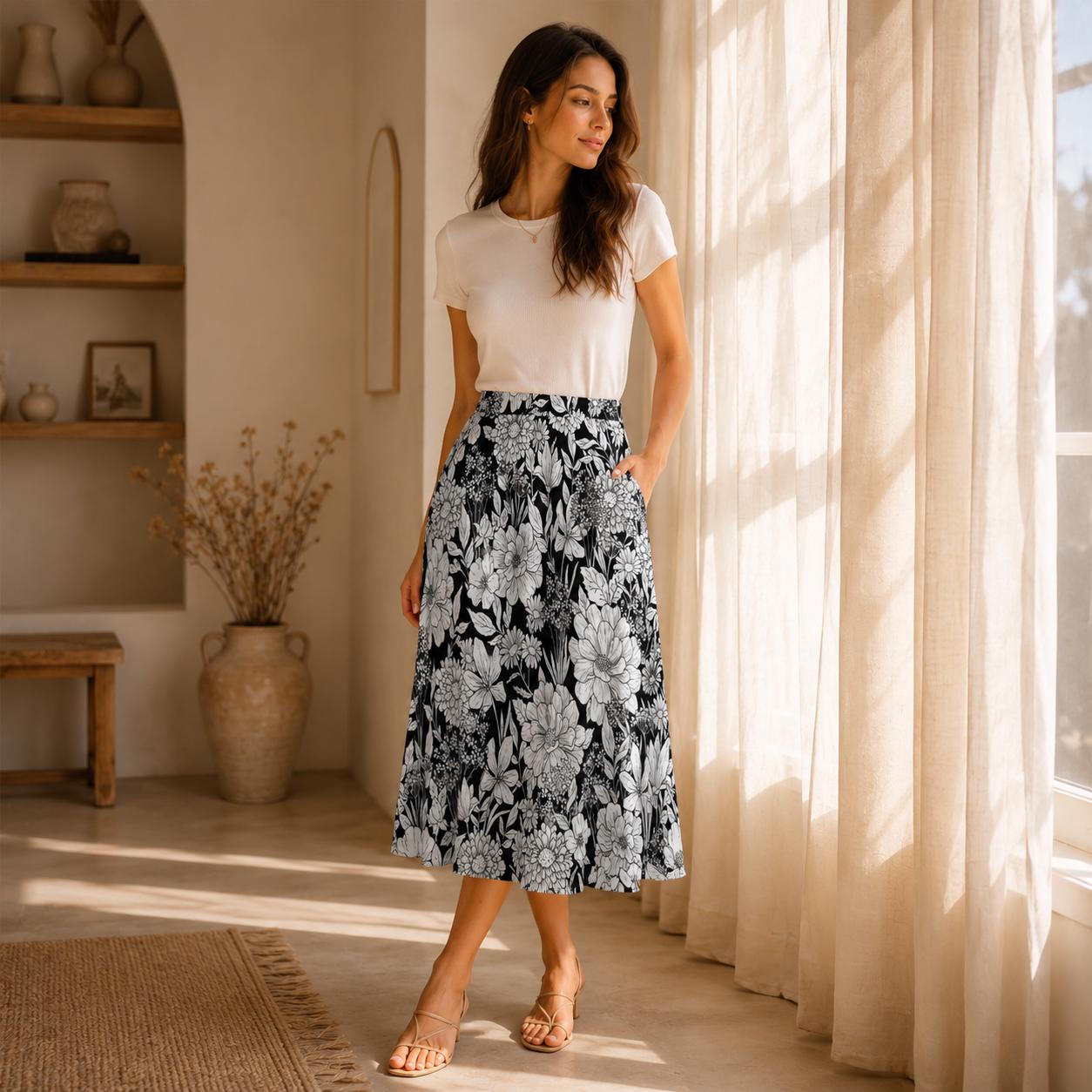 Monochrome Floral Midi Skirt, Hand-Drawn Line Art Flowers, High Waist A-Line Skirt