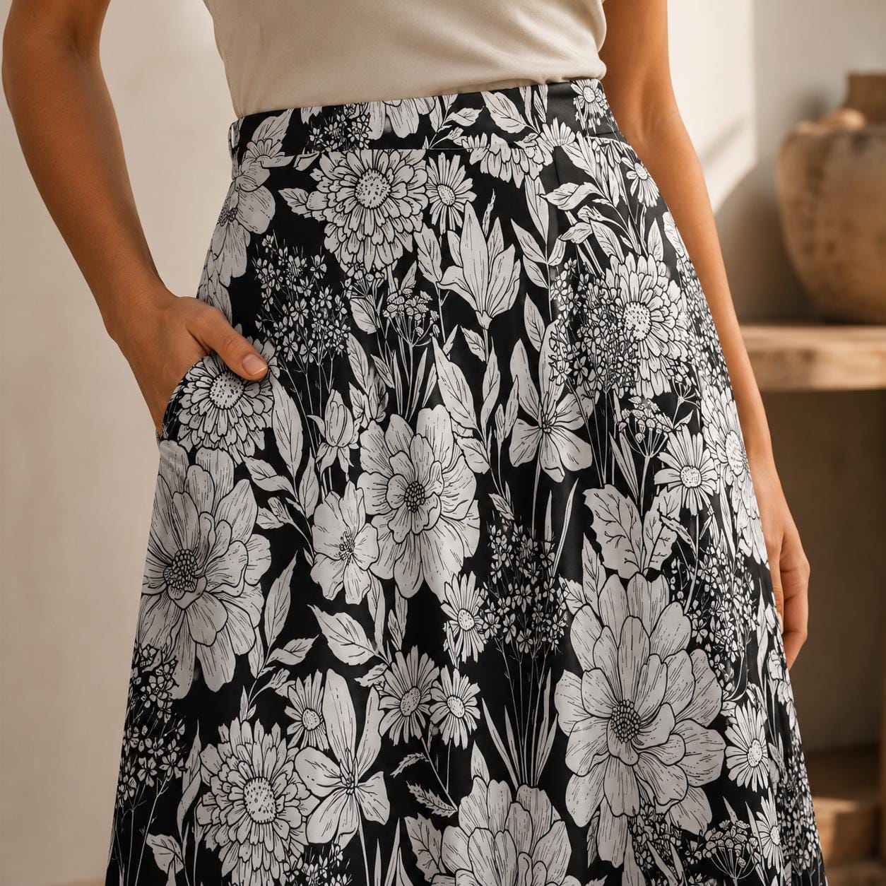 Monochrome Floral Midi Skirt, Hand-Drawn Line Art Flowers, High Waist A-Line Skirt