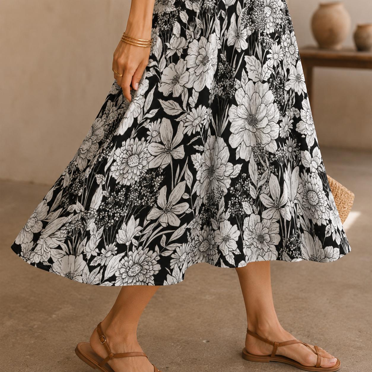 Monochrome Floral Midi Skirt, Hand-Drawn Line Art Flowers, High Waist A-Line Skirt