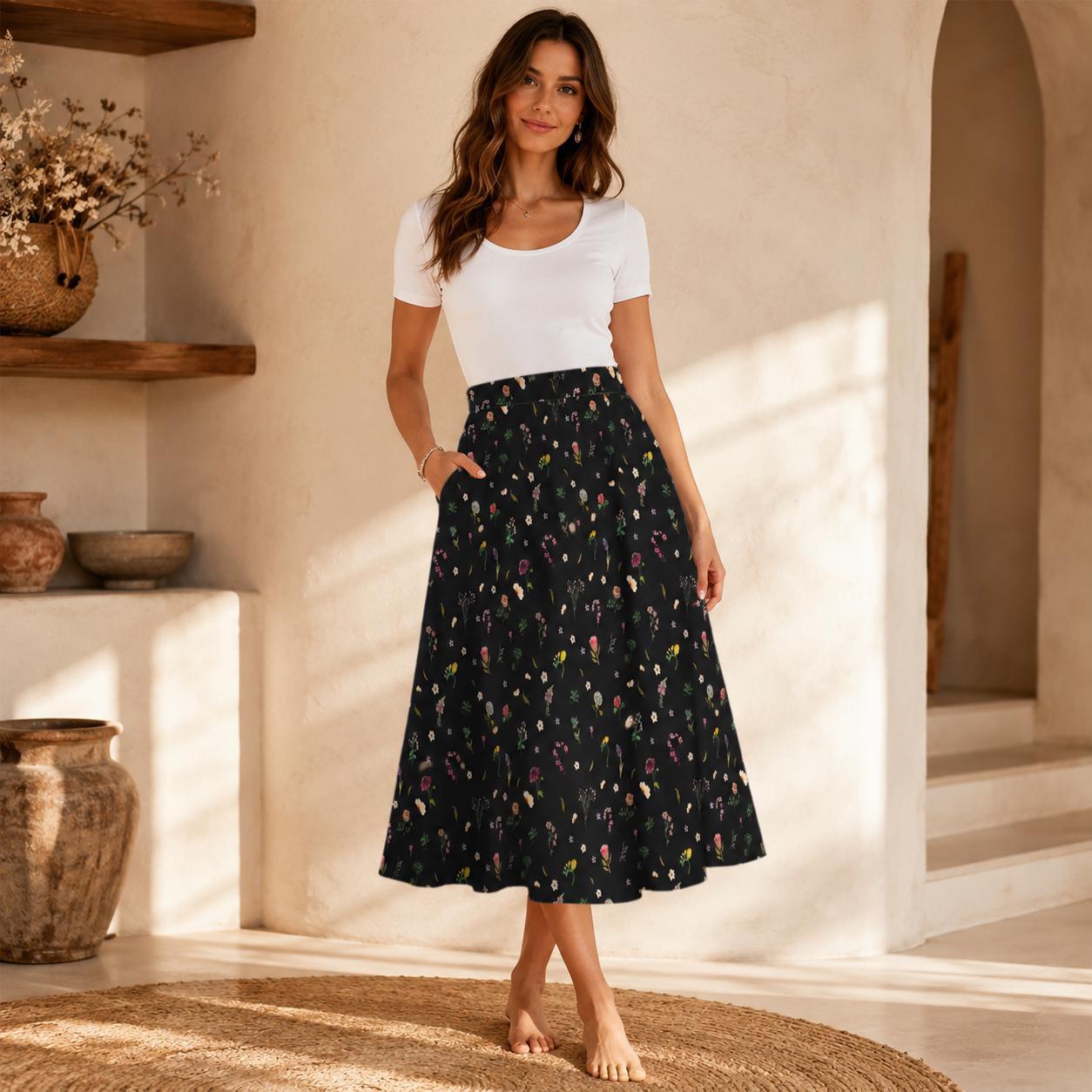 Black Wildflower Midi Skirt, High Waist A Line Flowy Floral Cottagecore Wear