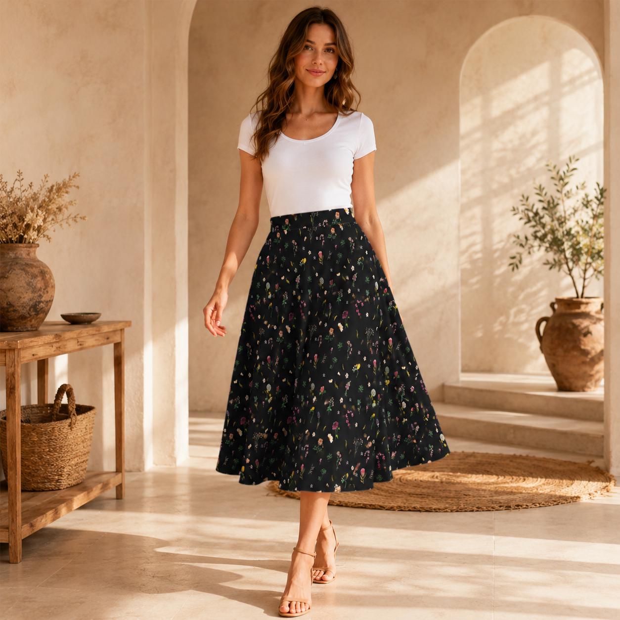 Black Wildflower Midi Skirt, High Waist A Line Flowy Floral Cottagecore Wear