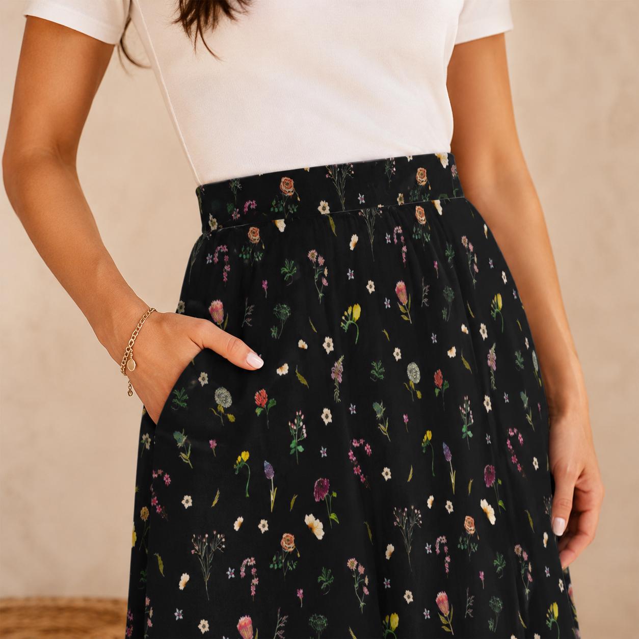 Black Wildflower Midi Skirt, High Waist A Line Flowy Floral Cottagecore Wear