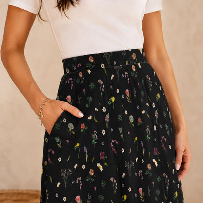 Black Wildflower Midi Skirt, High Waist A Line Flowy Floral Cottagecore Wear