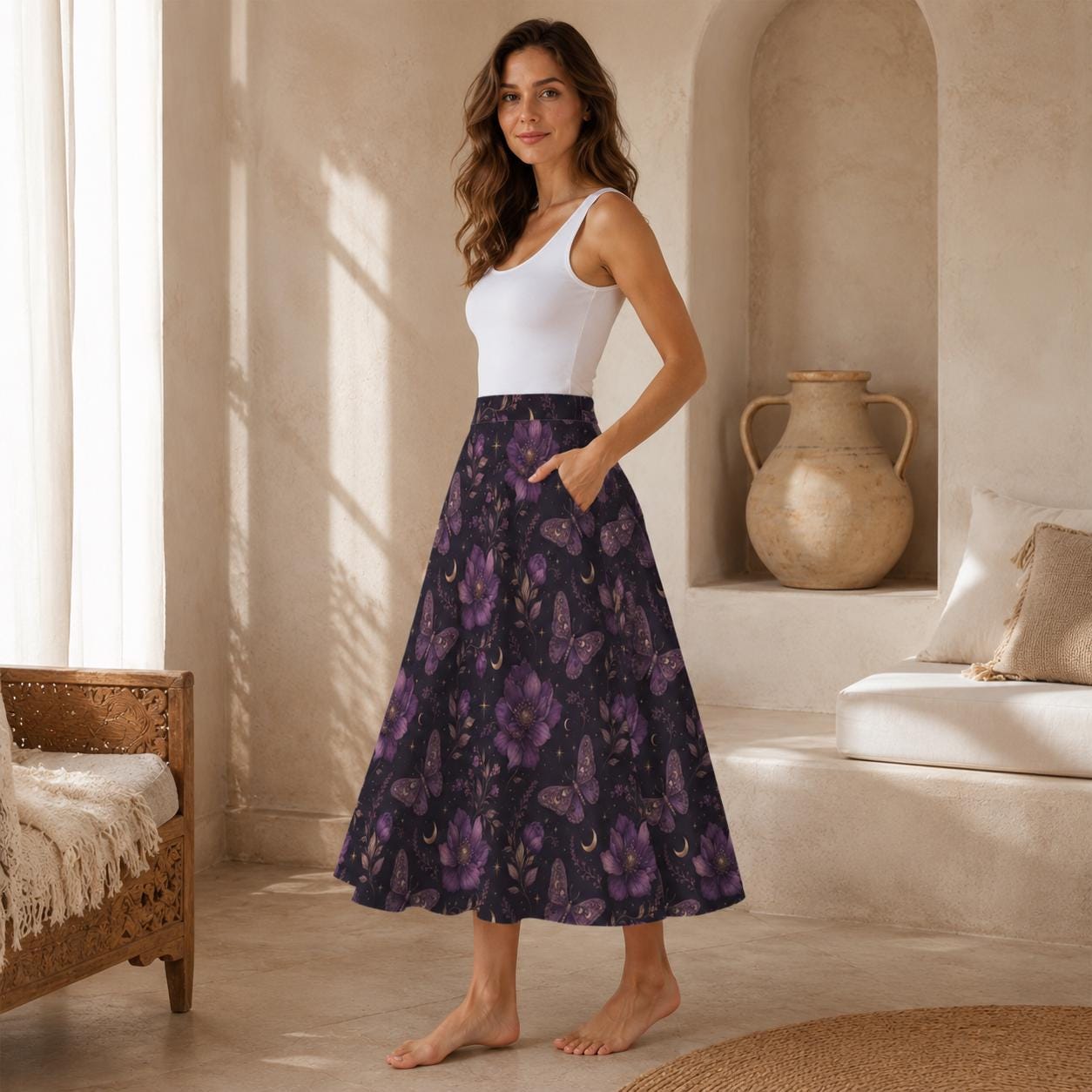 Celestial Butterfly Midi Skirt, Purple Moon Floral Print, Witchy Pockets Flowy Skirt