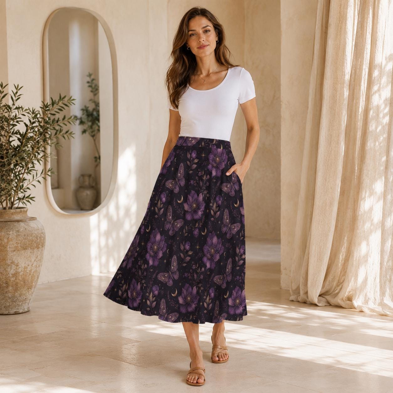 Celestial Butterfly Midi Skirt, Purple Moon Floral Print, Witchy Pockets Flowy Skirt