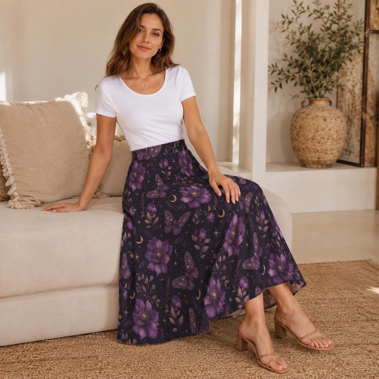 Celestial Butterfly Midi Skirt, Purple Moon Floral Print, Witchy Pockets Flowy Skirt