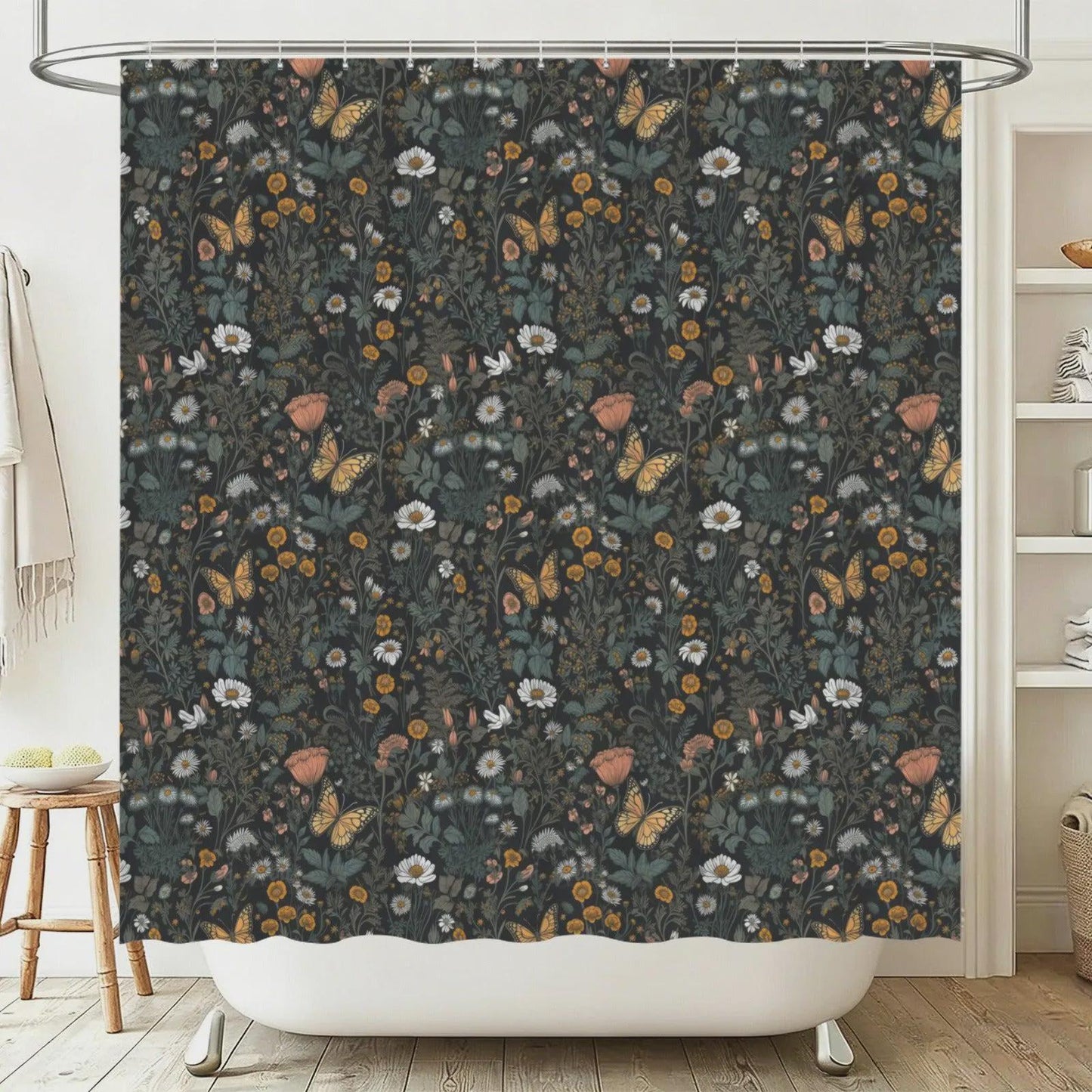Butterfly Wildflower Bathroom Rug Set, Cottage Garden Bath Mat Bundle