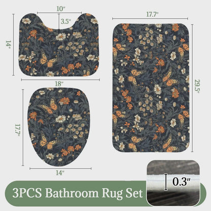 Dark Floral Butterfly Shower Curtain, Moody Botanical Wildflower Bath Decor