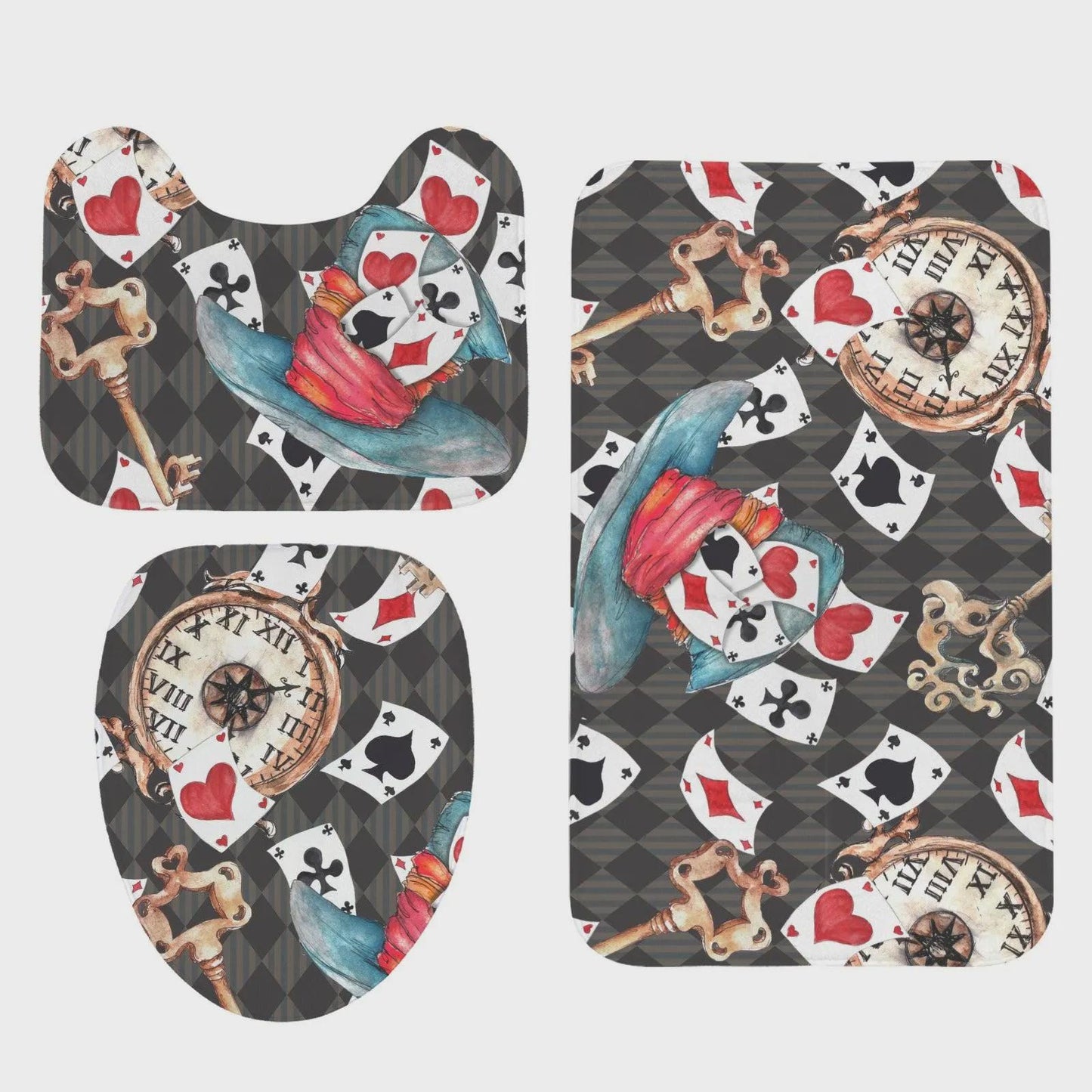 Playing Card Shower Curtain, Vintage Clock, Ornate Keys, Whimsical Storybook Bath Decor