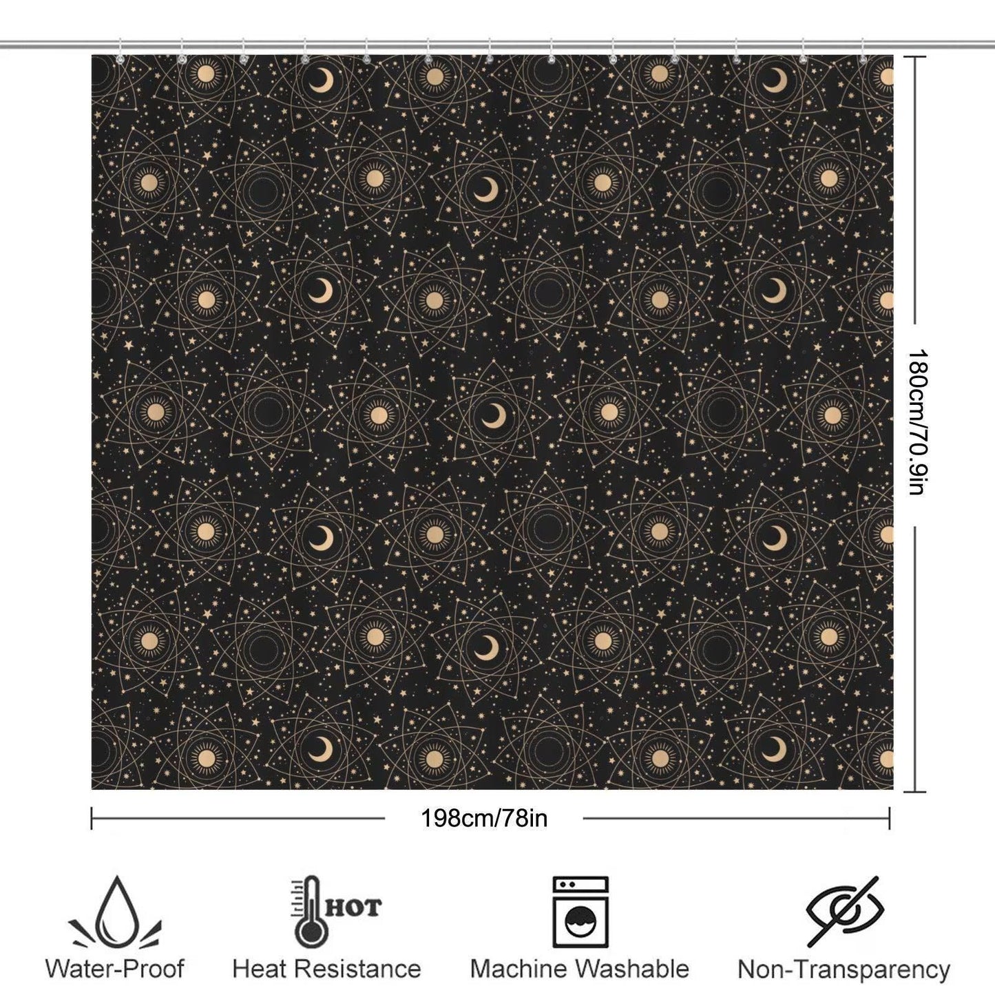 Celestial Sun Moon 3 Piece Bathroom Rug Set, Black Gold Boho Decor