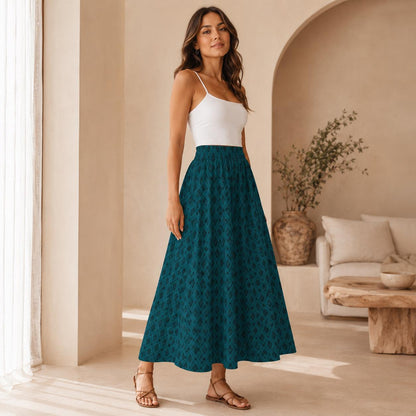 Teal Boho Maxi Skirt, Dark Diamond Print High Waist Skirt, Flowy Ankle Length Skirt for Summer Travel Outfits