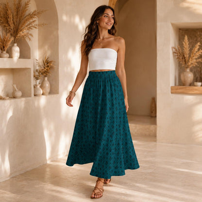Teal Boho Maxi Skirt, Dark Diamond Print High Waist Skirt, Flowy Ankle Length Skirt for Summer Travel Outfits