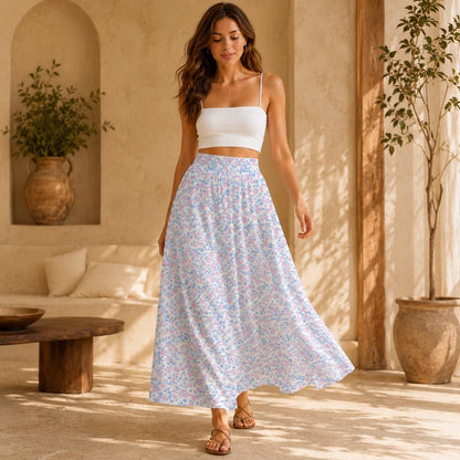 Pastel Floral Maxi Skirt, Blue Pink Meadow Print, Soft Spring Outfits