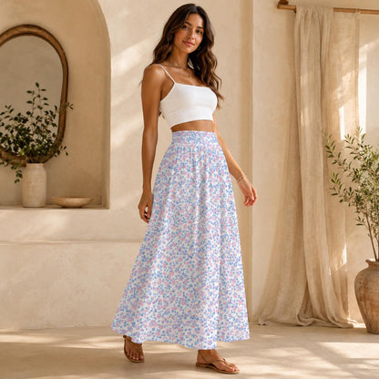 Pastel Floral Maxi Skirt, Blue Pink Meadow Print, Soft Spring Outfits