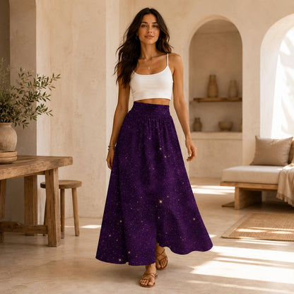 Purple Star Print Maxi Skirt, Celestial High Waist A Line, Cosmic Boho Festival Style
