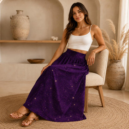 Purple Star Print Maxi Skirt, Celestial High Waist A Line, Cosmic Boho Festival Style