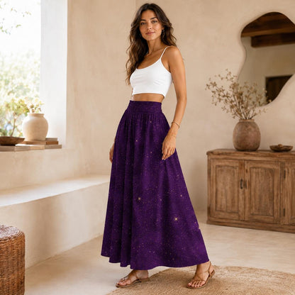 Purple Star Print Maxi Skirt, Celestial High Waist A Line, Cosmic Boho Festival Style