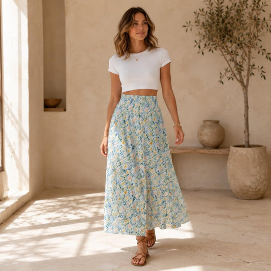 Blue Wildflower Maxi Skirt, Cottagecore Summer Skirt With High Waist, Flowy Floral A Line Skirt for Picnic and Vacation Outfits