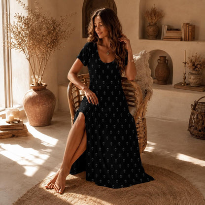 Black Skull Maxi Dress, Subtle Allover Print, Casual Summer Lounge Outfit