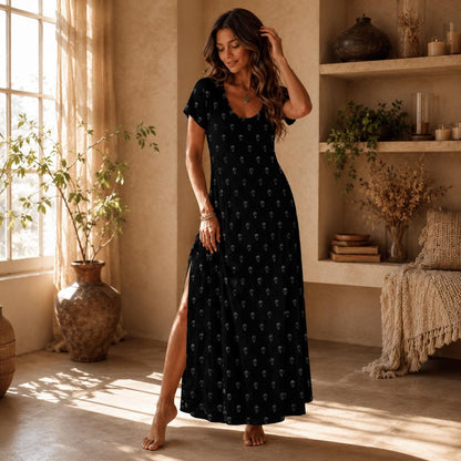 Black Skull Maxi Dress, Subtle Allover Print, Casual Summer Lounge Outfit