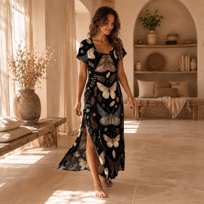 Dark Boho Moth Print Maxi Dress, Woodland Butterfly Slit Summer Outfit, Festival & Garden Wear