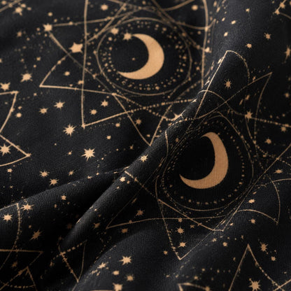Black Celestial Moon & Stars Wide Leg Jumpsuit, Boho Astrology Romper with Tarot Print