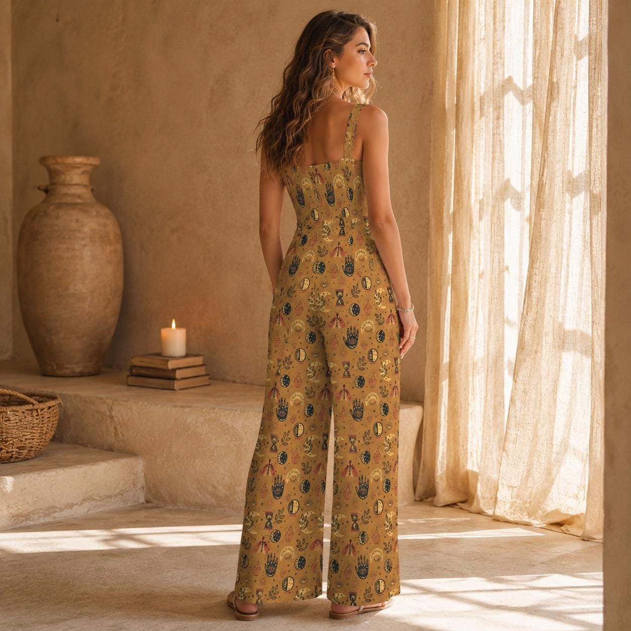 Mystical Celestial Wide Leg Jumpsuit, Boho Festival Outfit, Mustard Witchy Boho Fashion