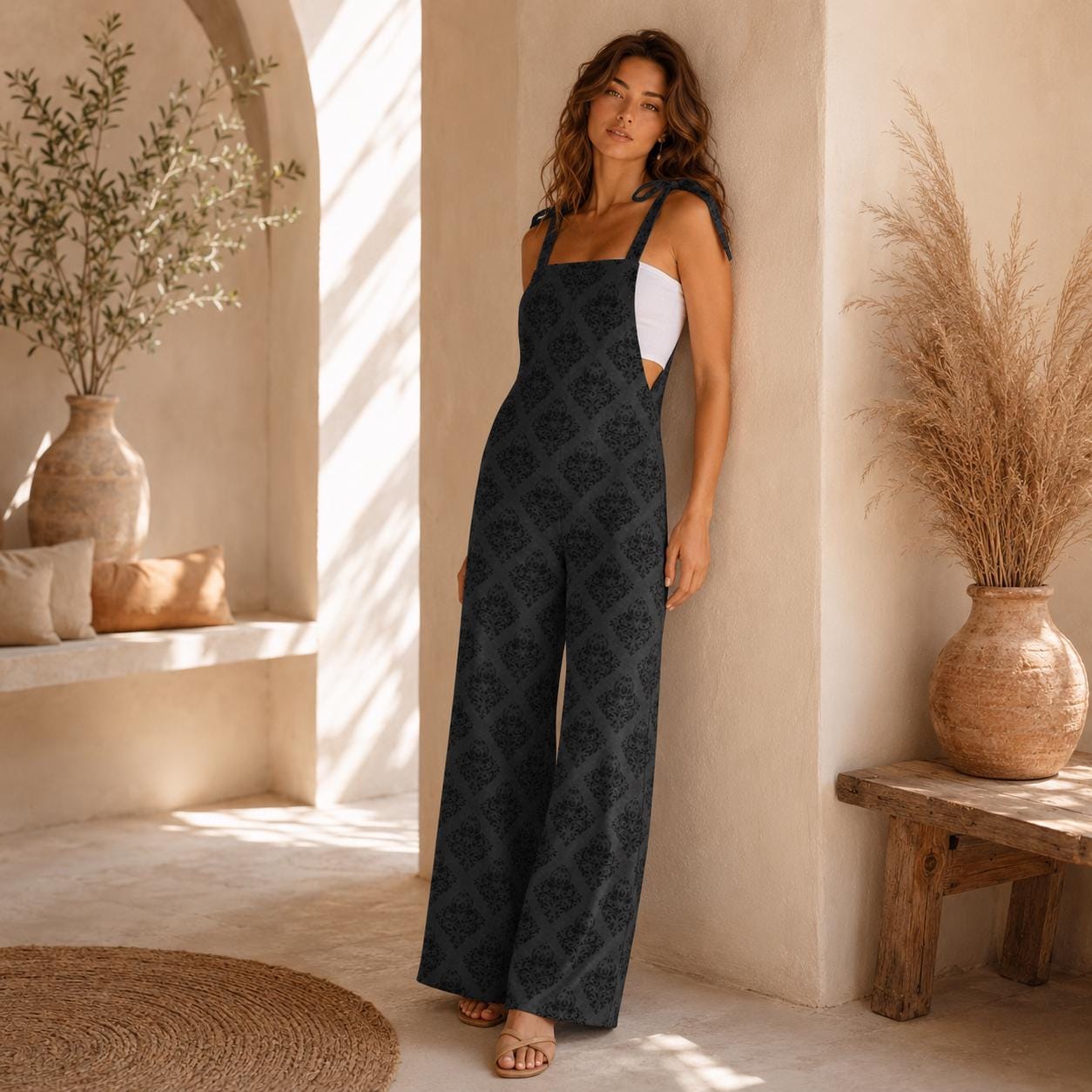 Gothic damask jumpsuit, tie strap wide leg romper, charcoal one piece outfit