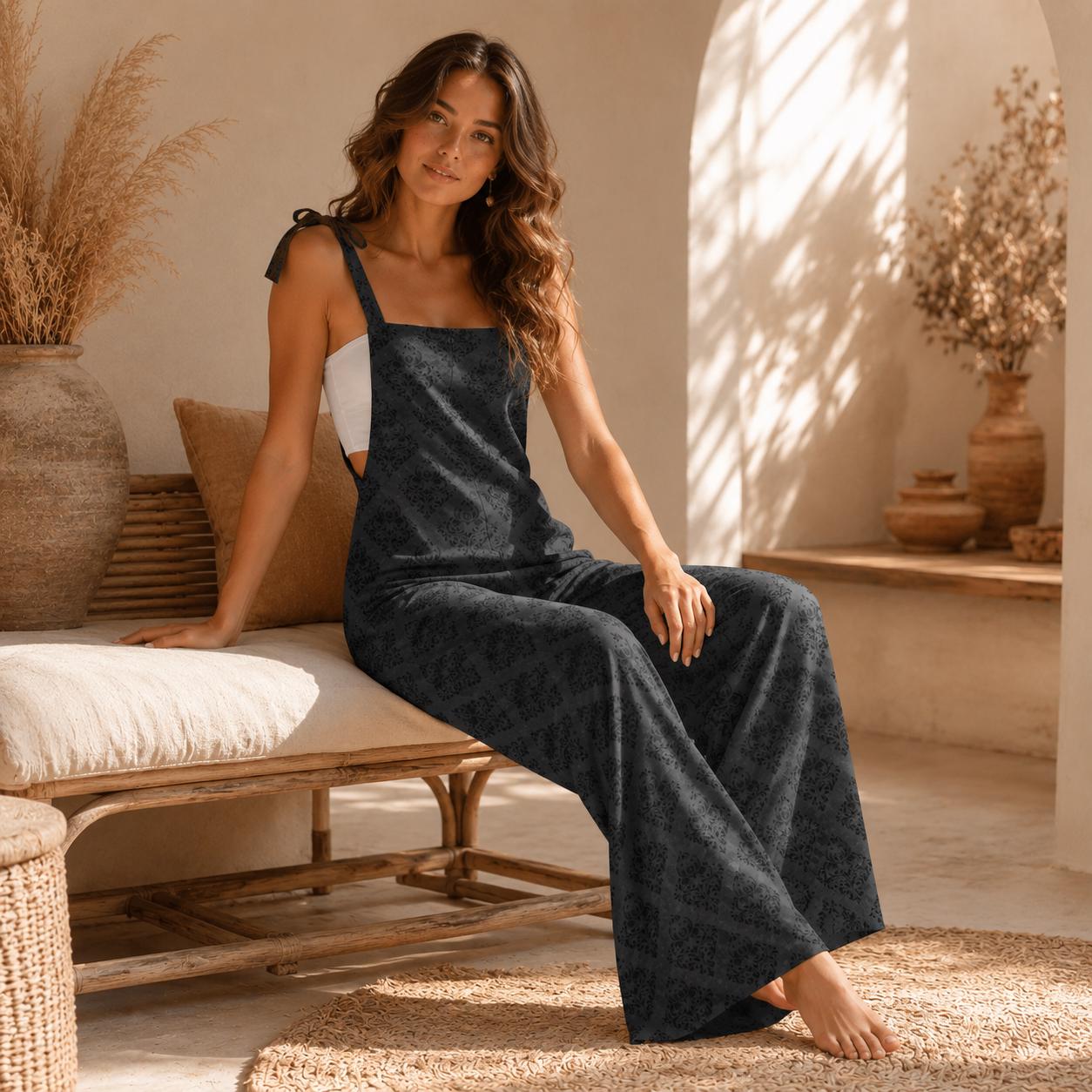 Gothic damask jumpsuit, tie strap wide leg romper, charcoal one piece outfit