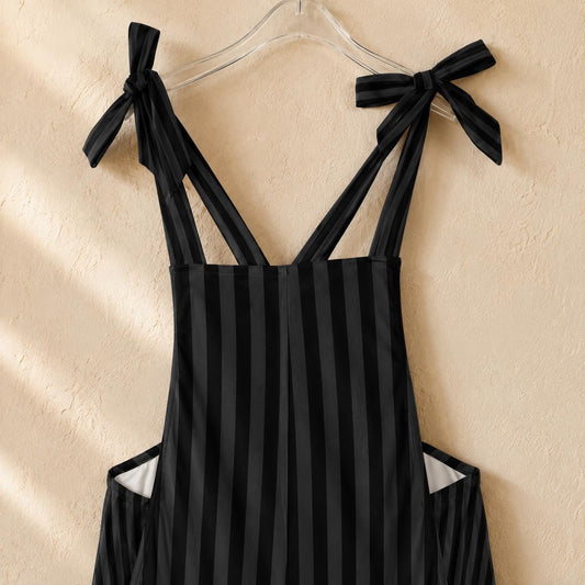 Black Pinstripe Wide-Leg Overalls Jumpsuit, Dark Academia Dungarees, Boho Vertical Stripe Pants for Women