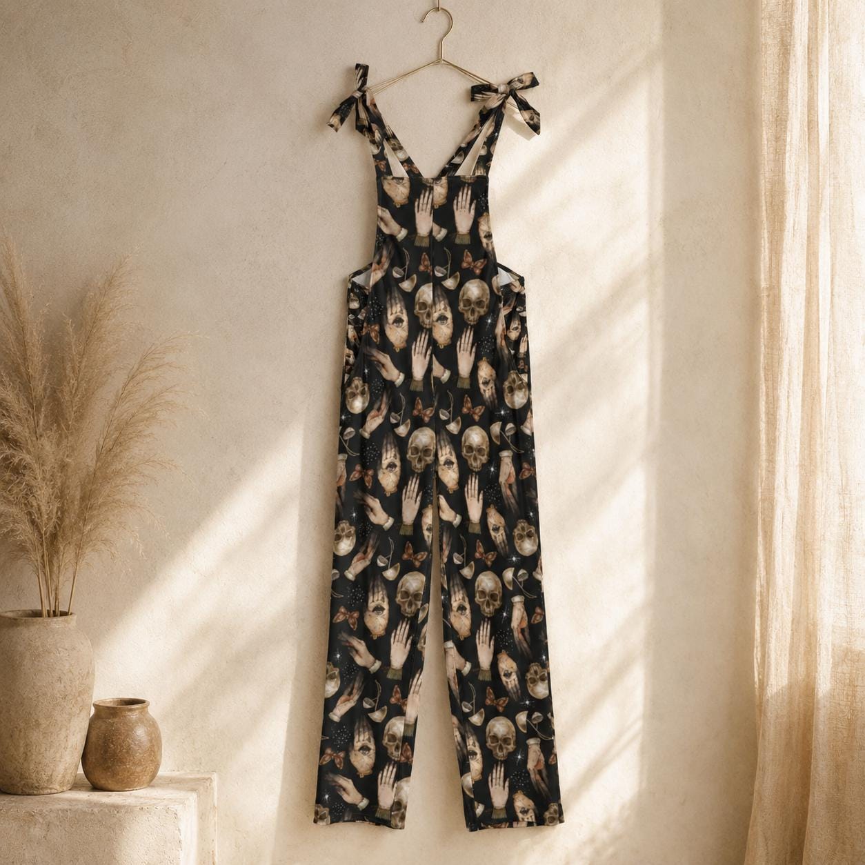 Skull Print Jumpsuit, Gothic Wide Leg Romper, Witchy Tie Strap One Piece