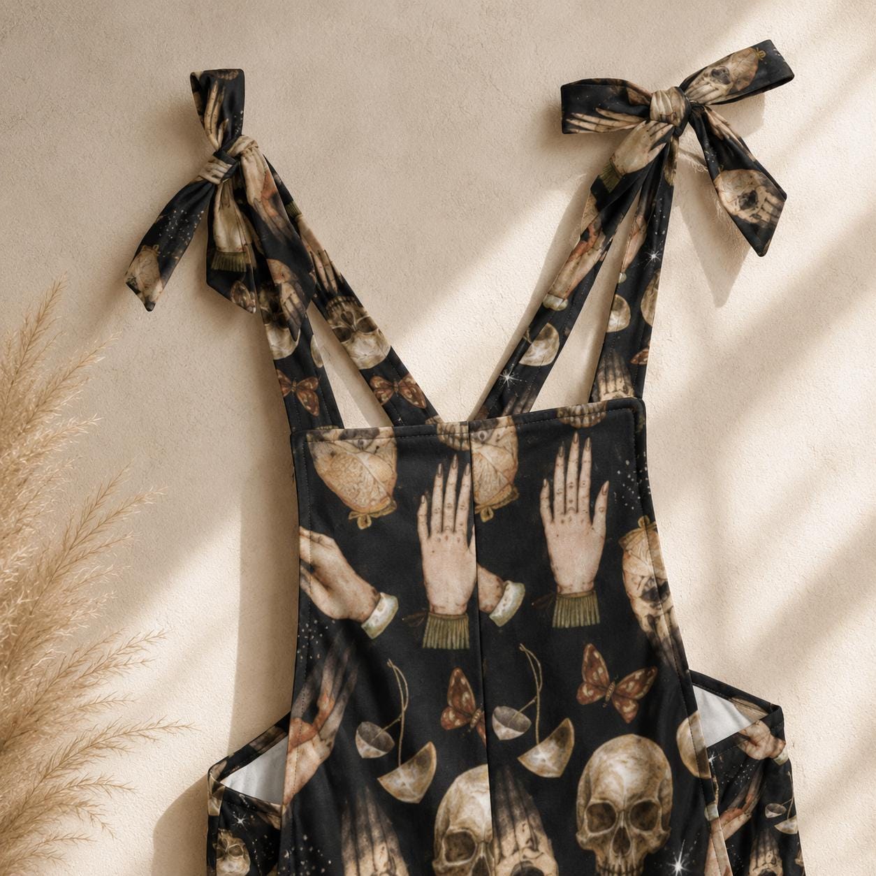 Skull Print Jumpsuit, Gothic Wide Leg Romper, Witchy Tie Strap One Piece