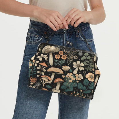 Mushroom Floral Kiss Lock Purse, Woodland Cottagecore Satchel, Vintage Frame Handbag