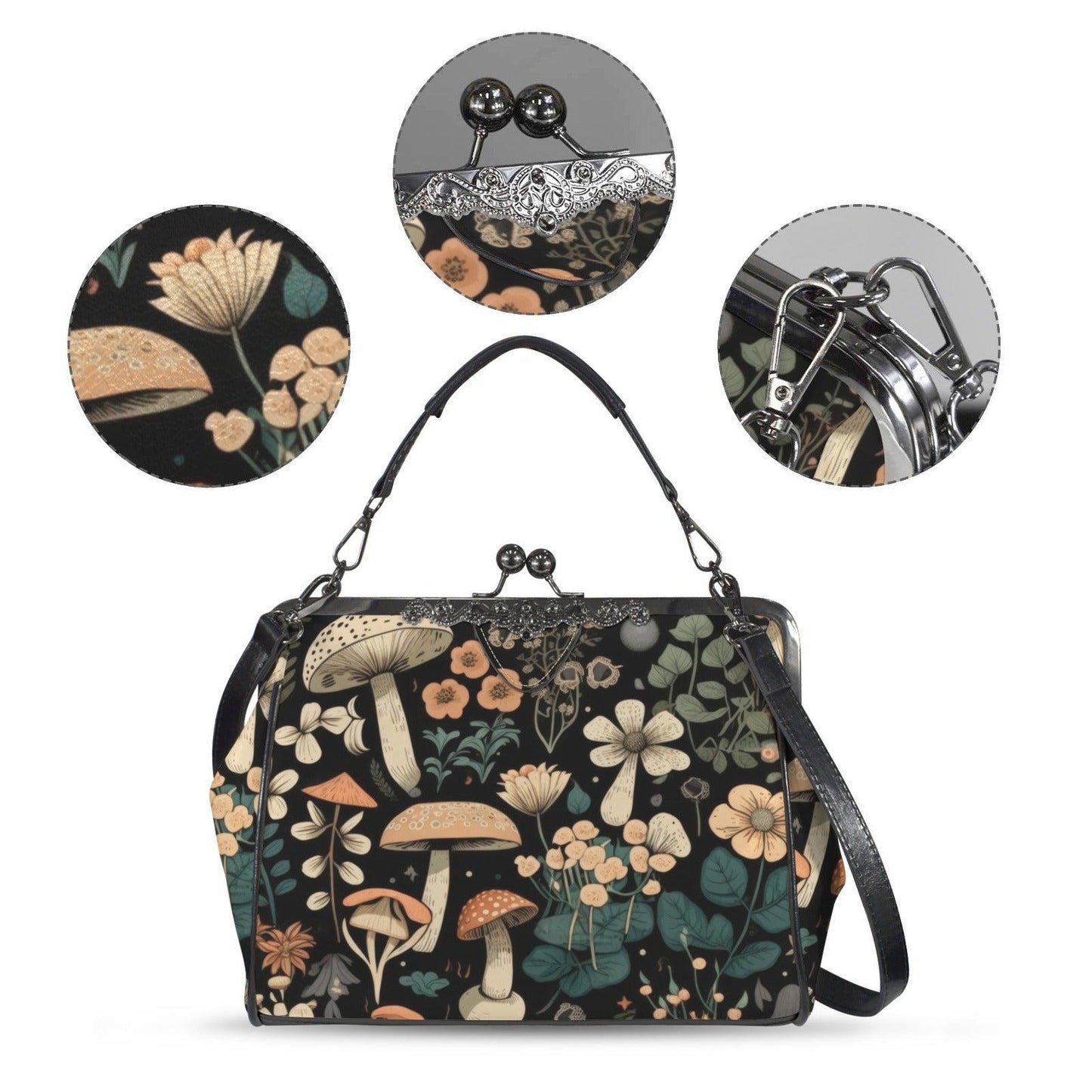 Mushroom Floral Kiss Lock Purse, Woodland Cottagecore Satchel, Vintage Frame Handbag