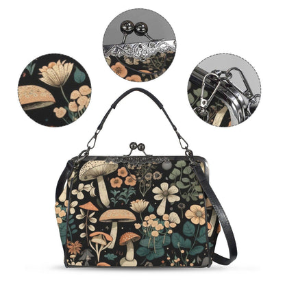 Mushroom Floral Kiss Lock Purse, Woodland Cottagecore Satchel, Vintage Frame Handbag