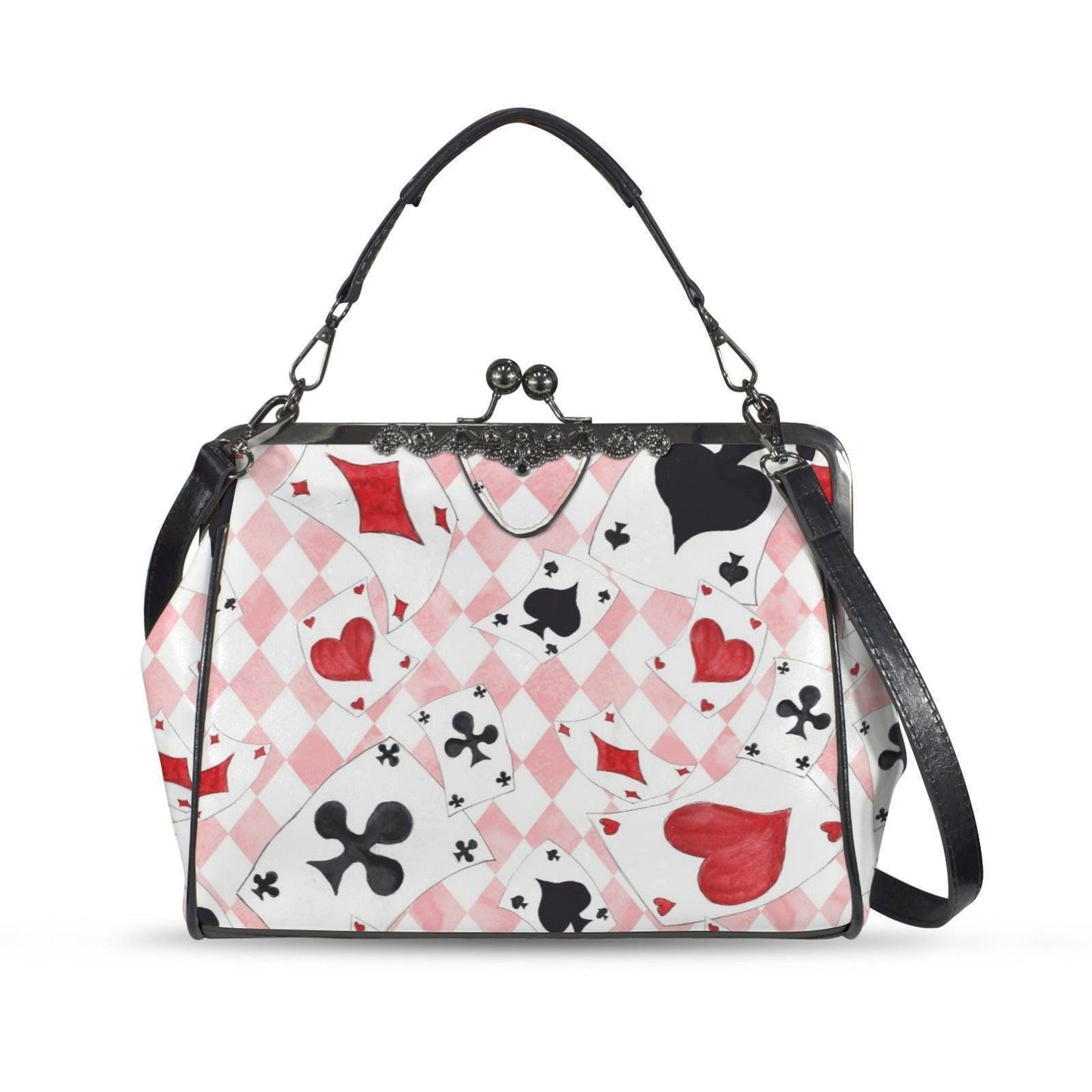 Alice Inspired Harlequin Card Suit Kiss Lock Bag, Pink Wonderland Handbag