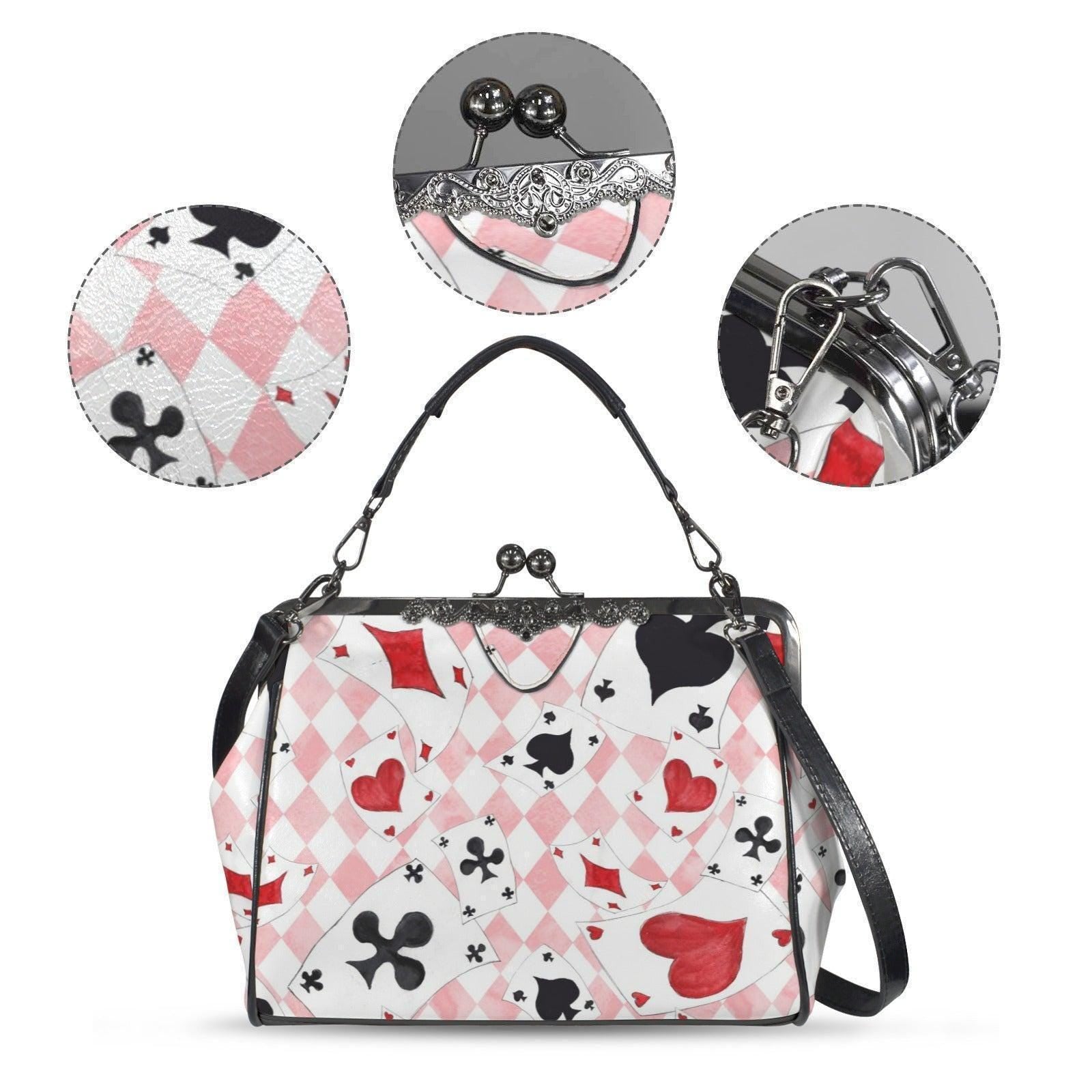 Alice Inspired Harlequin Card Suit Kiss Lock Bag, Pink Wonderland Handbag